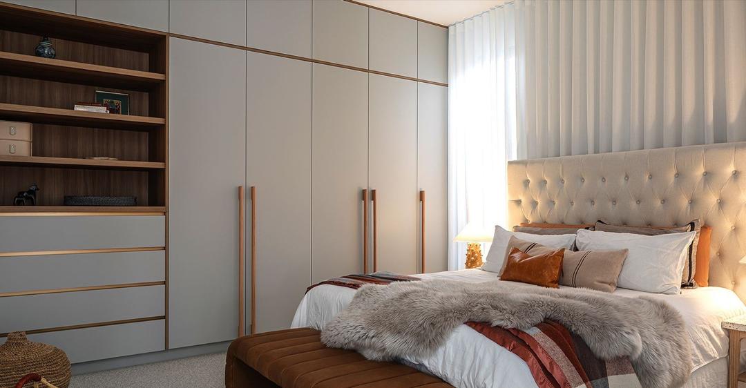 EGR Decor cabinetry — bedroom interior with timber-veneer joinery and matte cream surfaces